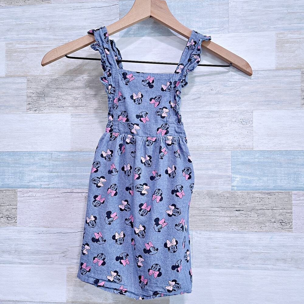 Disney Minnie Mouse Printed Chambray Ruffle Pinafore Dress Blue Apron Girl 5